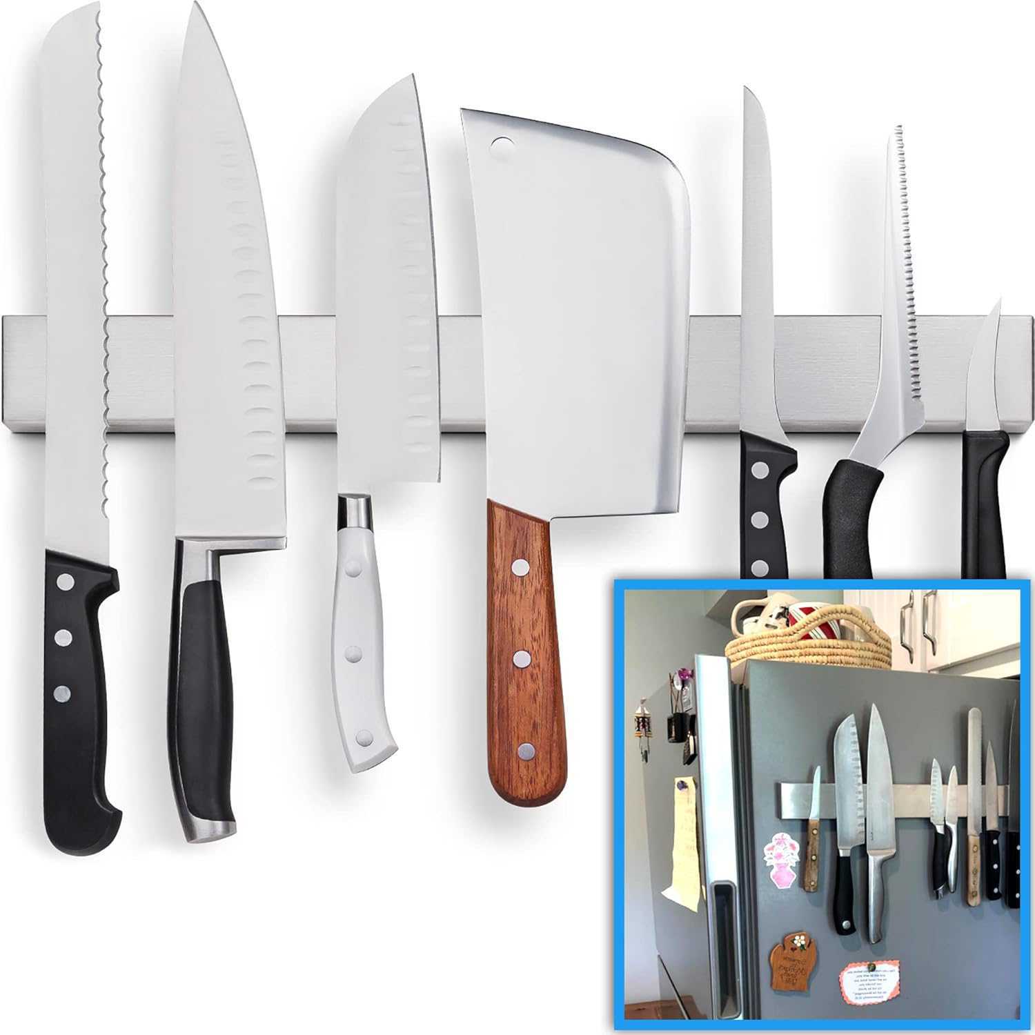 Frees up counter and drawer space by mounting knives on the wall.s